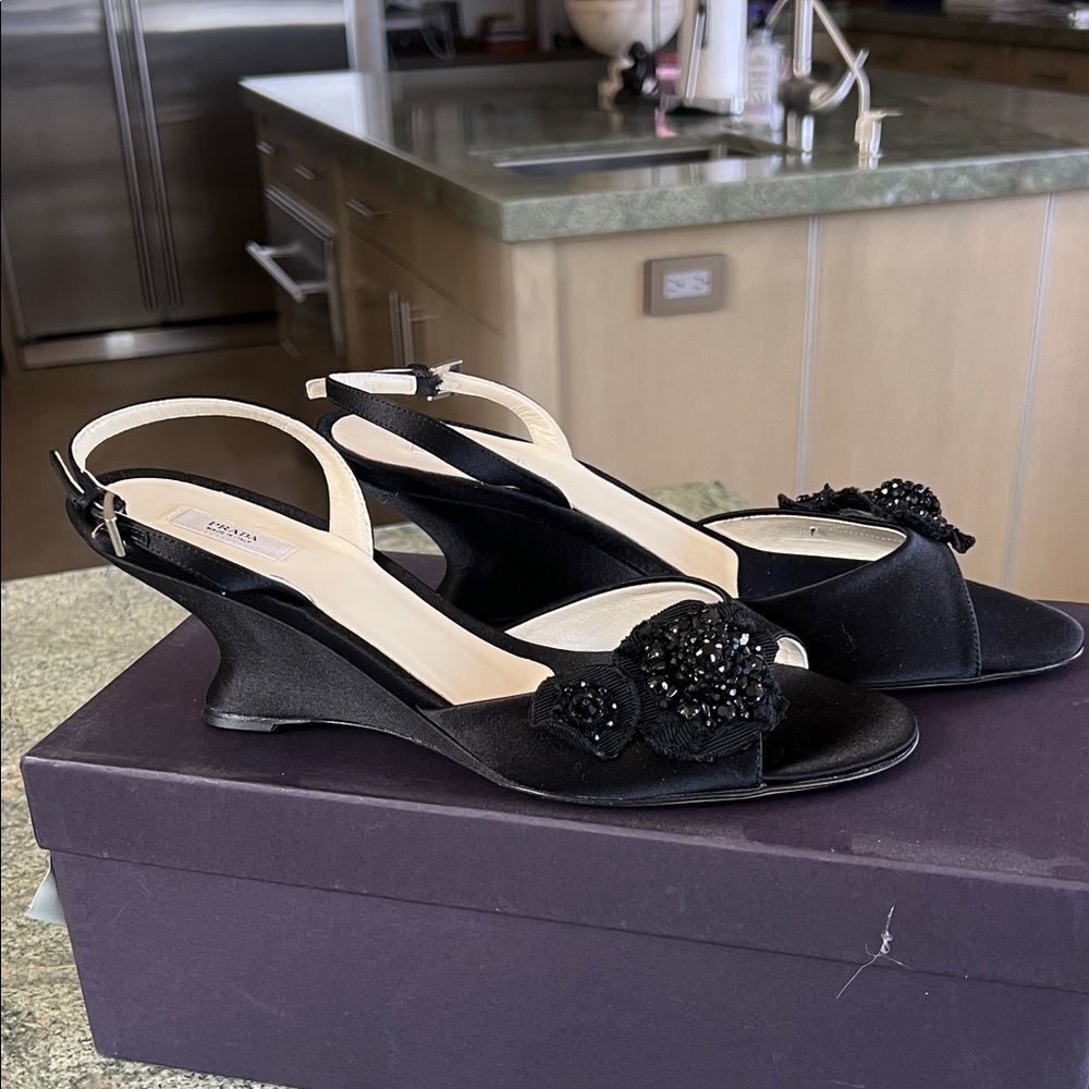 PRADA Black Wedge Sandals with Embellished Detail 38.5